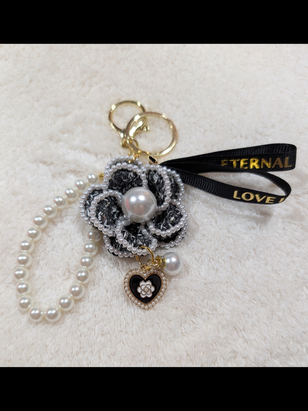 Black & White Pearl Flower Keychain with Heart Charm